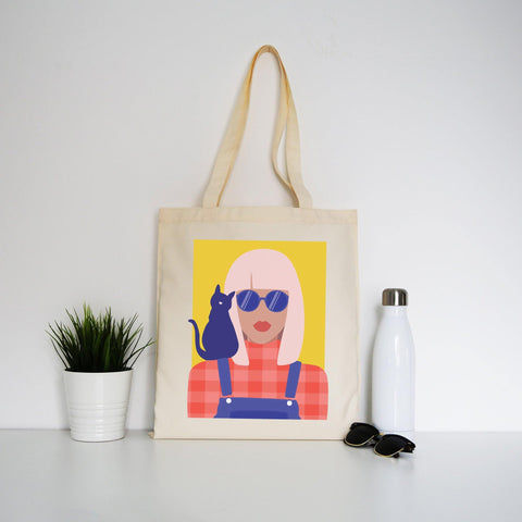 Stylish girl with cat illustration graphic tote bag canvas shopping - Graphic Gear