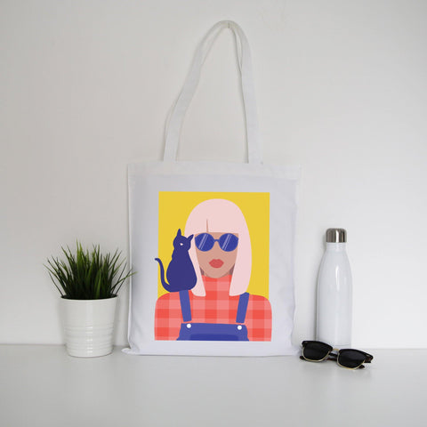 Stylish girl with cat illustration graphic tote bag canvas shopping - Graphic Gear