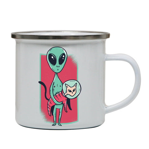 Space alien cute cat funny Enamel camping mug outdoor cup - Graphic Gear