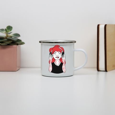 Tattooed girl enamel camping mug outdoor cup colors - Graphic Gear
