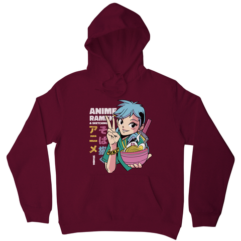 Anime girl with ramen bowl hoodie Burgundy