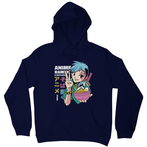 Anime girl with ramen bowl hoodie Navy