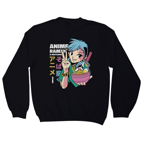 Anime girl with ramen bowl sweatshirt Black