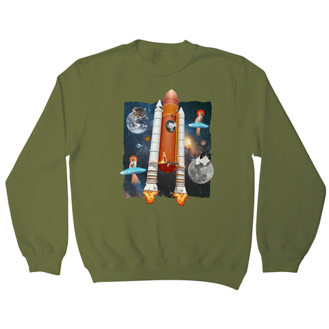 Cats in space funny collage sweatshirt Olive Green