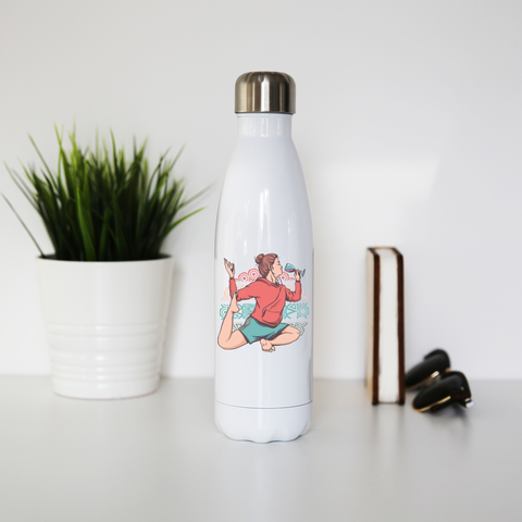 Girl in yoga wine pose water bottle stainless steel reusable White