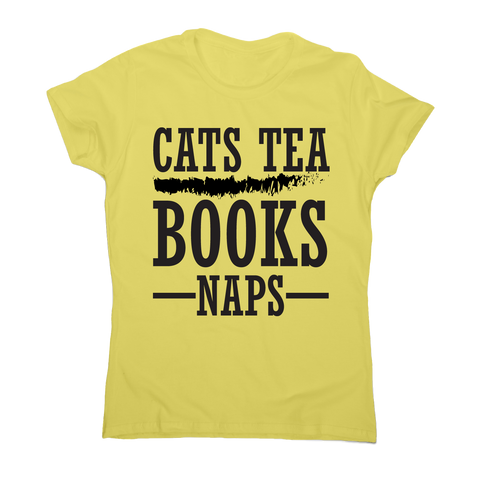 Cats tea books naps awesome funny slogan t-shirt women's - Graphic Gear