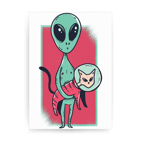 Space alien cute cat funny print poster framed wall art decor - Graphic Gear