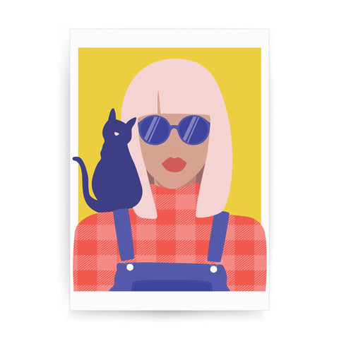 Stylish girl with cat illustration graphic print poster framed wall art decor - Graphic Gear