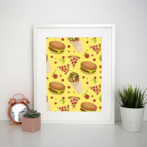 Fast food pattern design funny illustration print poster framed wall art decor - Graphic Gear