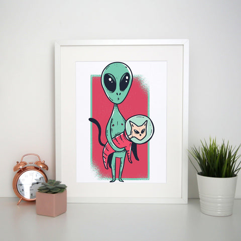 Space alien cute cat funny print poster framed wall art decor - Graphic Gear