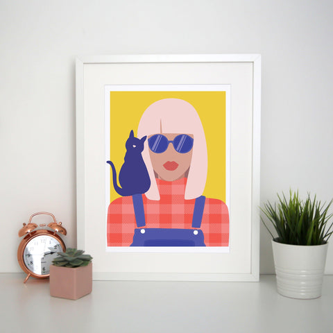 Stylish girl with cat illustration graphic print poster framed wall art decor - Graphic Gear