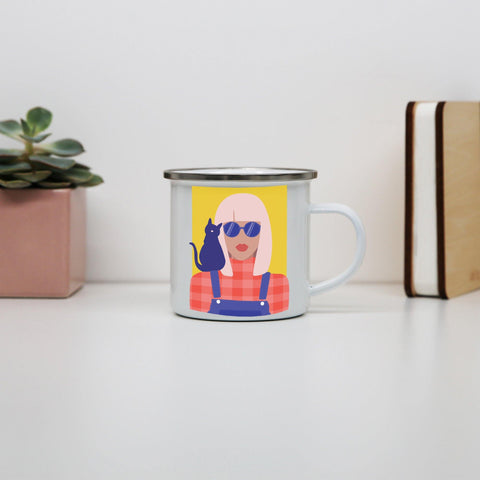 Stylish girl with cat illustration graphic enamel camping mug outdoor cup - Graphic Gear