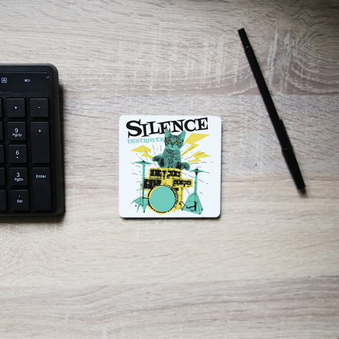 Silence destoyer cat playing drums coaster drink mat - Graphic Gear