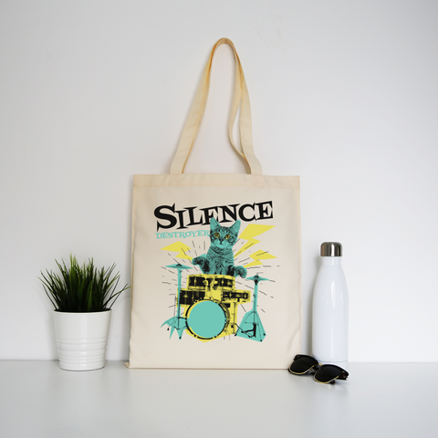 Silence destoyer cat playing drums tote bag canvas shopping - Graphic Gear