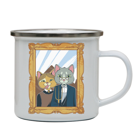 American gothic cat enamel camping mug outdoor cup colors - Graphic Gear