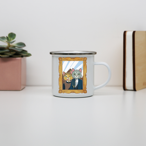 American gothic cat enamel camping mug outdoor cup colors - Graphic Gear