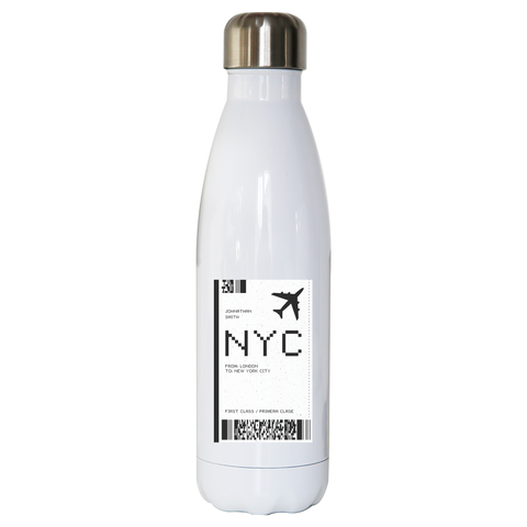 NYC plane ticket water bottle stainless steel reusable - Graphic Gear
