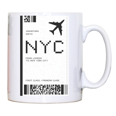 NYC plane ticket mug coffee tea cup - Graphic Gear