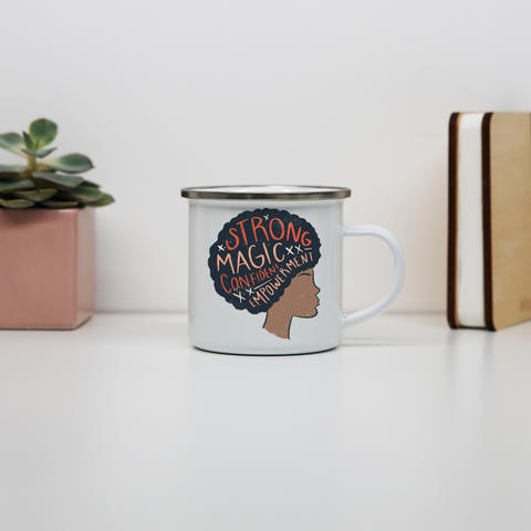 Proud afro woman quote enamel camping mug outdoor cup colors - Graphic Gear