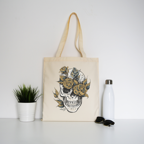 Flower skull tote bag canvas shopping - Graphic Gear