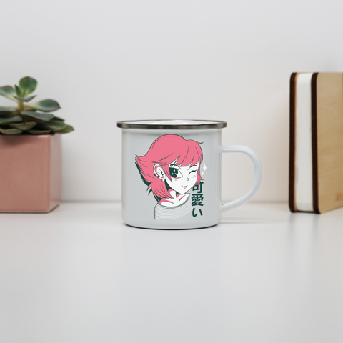 Kawaii anime girl enamel camping mug outdoor cup colors - Graphic Gear