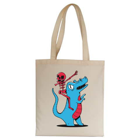 Skeleton riding dinosaur tote bag canvas shopping - Graphic Gear