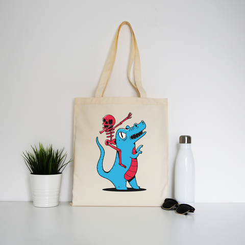 Skeleton riding dinosaur tote bag canvas shopping - Graphic Gear