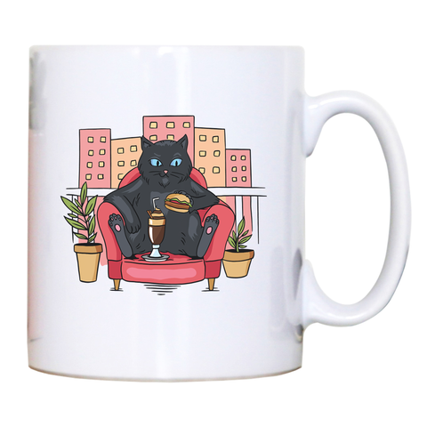 Cat on balcony eating and drinking mug coffee tea cup - Graphic Gear