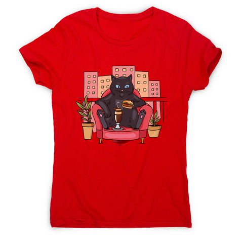 Cat on balcony eating and drinking women's t-shirt - Graphic Gear