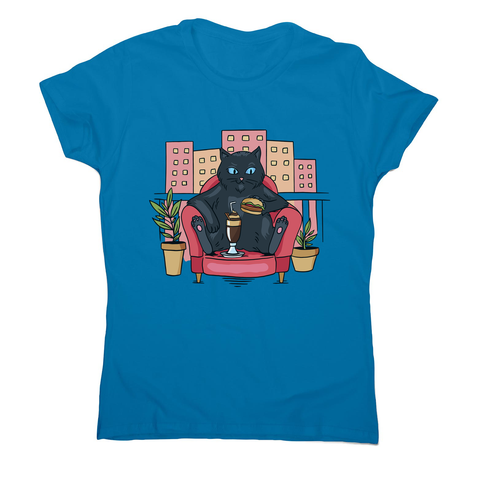 Cat on balcony eating and drinking women's t-shirt - Graphic Gear