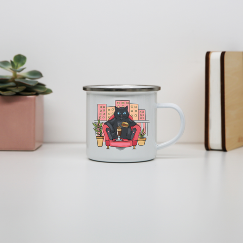 Cat on balcony eating and drinking enamel camping mug outdoor cup colors - Graphic Gear