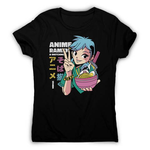 Anime girl with ramen bowl women's t-shirt Black