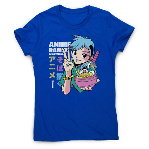 Anime girl with ramen bowl women's t-shirt Blue