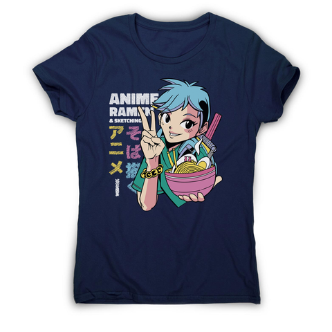 Anime girl with ramen bowl women's t-shirt Navy