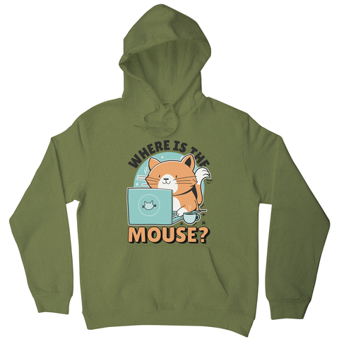 Cat using computer hoodie Olive Green