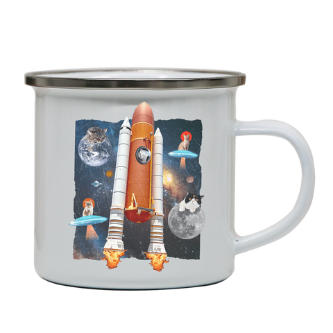 Cats in space funny collage enamel camping mug White
