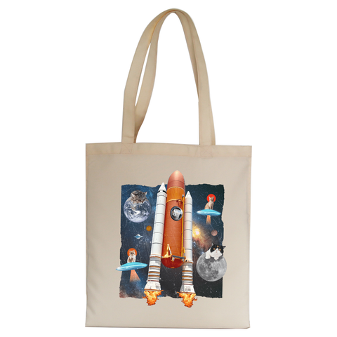 Cats in space funny collage tote bag canvas shopping Natural