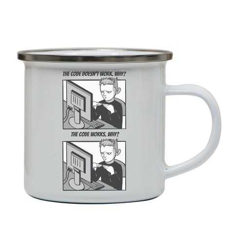 Coding meme enamel camping mug White