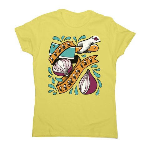 Cutting onions cooking women's t-shirt Yellow