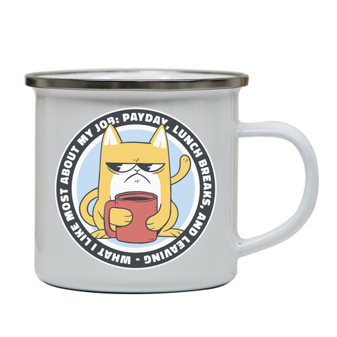 Funny grumpy working cat enamel camping mug White