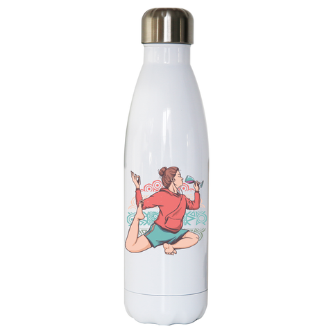 Girl in yoga wine pose water bottle stainless steel reusable White