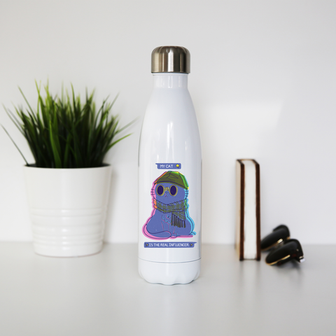 Influencer cartoon cat water bottle stainless steel reusable White
