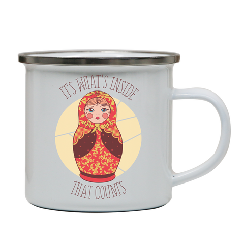 Matryoshka quote enamel camping mug White