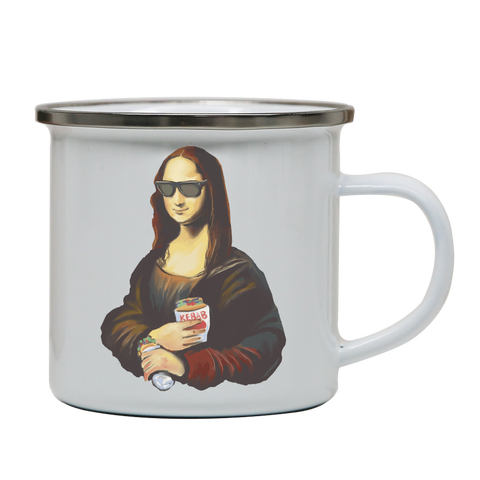 Mona Lisa kebab food painting enamel camping mug White
