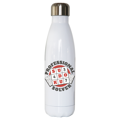 Sudoku hobby badge water bottle stainless steel reusable White