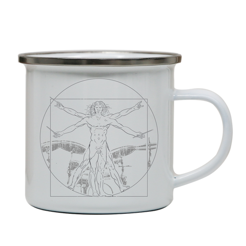 Vitruvian drummer man enamel camping mug White