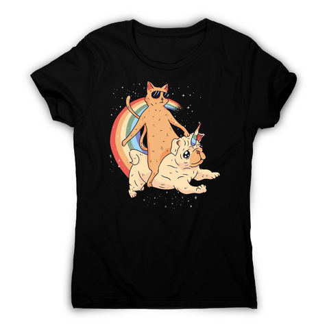 Cat riding unidog funny illustration t-shirt women's - Graphic Gear