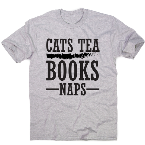 Cats tea books naps awesome funny slogan t-shirt men's - Graphic Gear