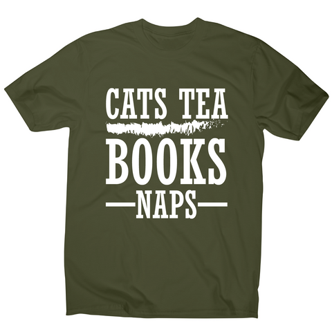 Cats tea books naps awesome funny slogan t-shirt men's - Graphic Gear